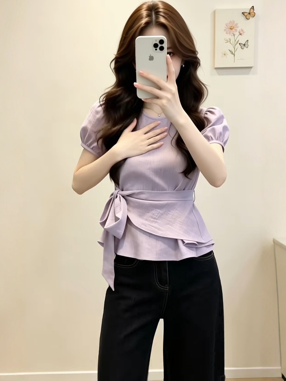 Áo sơ mi ngắn tay thiết kế thắt lưng eo, dáng suông nhẹ, phong cách Pháp — màu tím
