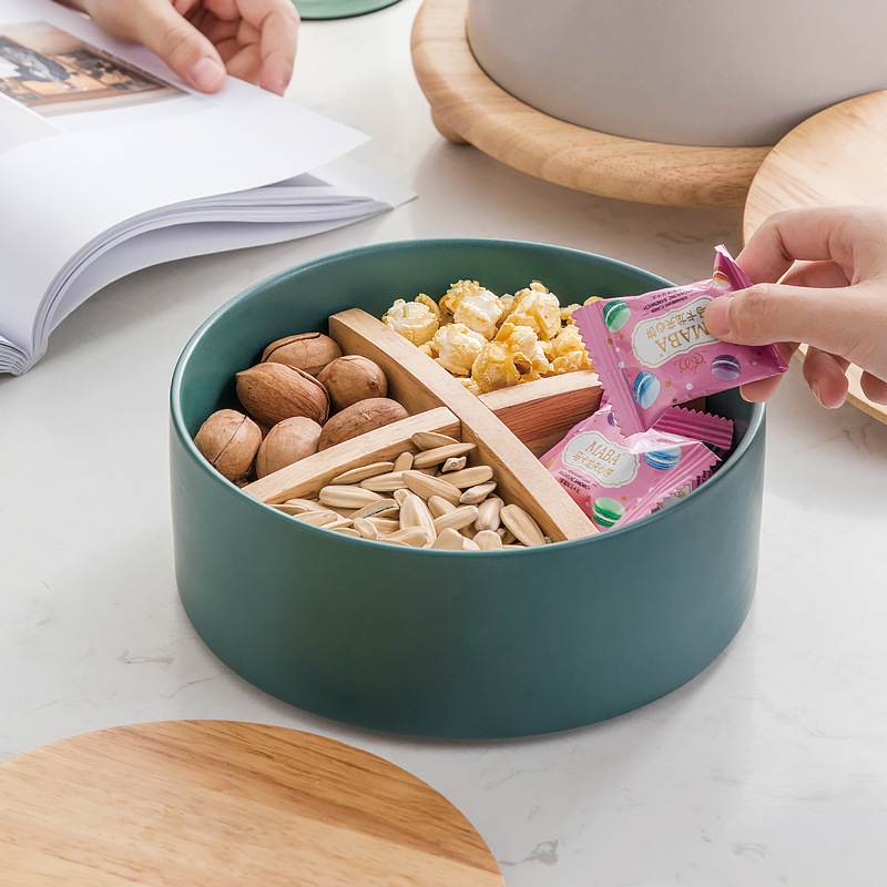 Roble de madera caja caramelo nórdico hogar Sala Mesa café cerámica fruta seca placa con tapa Internet Celebrity snack