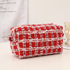 Red knitted lip pencil, demi-season pencil case, capacious classic cosmetic bag, small clutch bag, with snowflakes