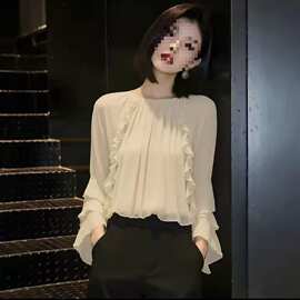 法式温柔风荷叶边设计感长袖衬衫女新款秋季漂亮绝美上衣