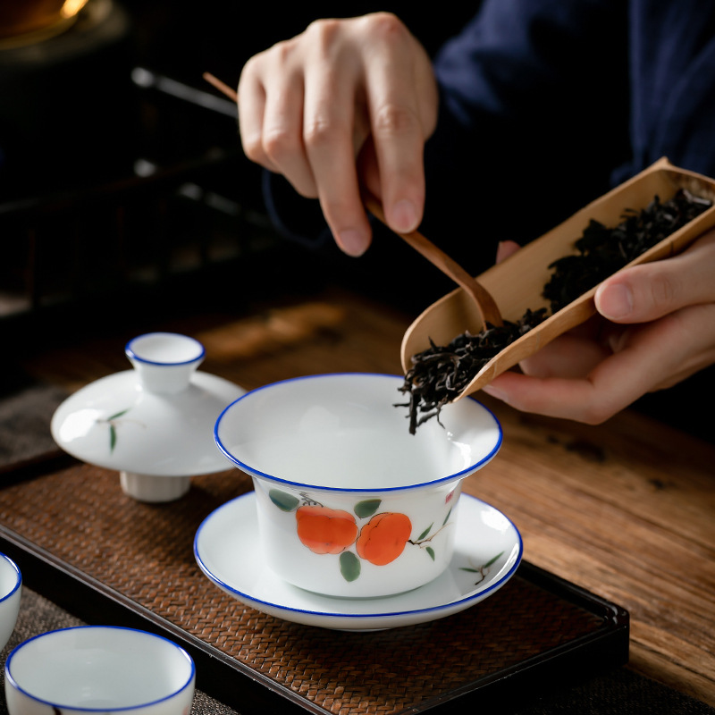 Juego de té de Kung Fu de cerámica de estilo japonés traje de hogar pintado a mano porcelana blanca sancai Tazón de cubierta taza de té tetera
