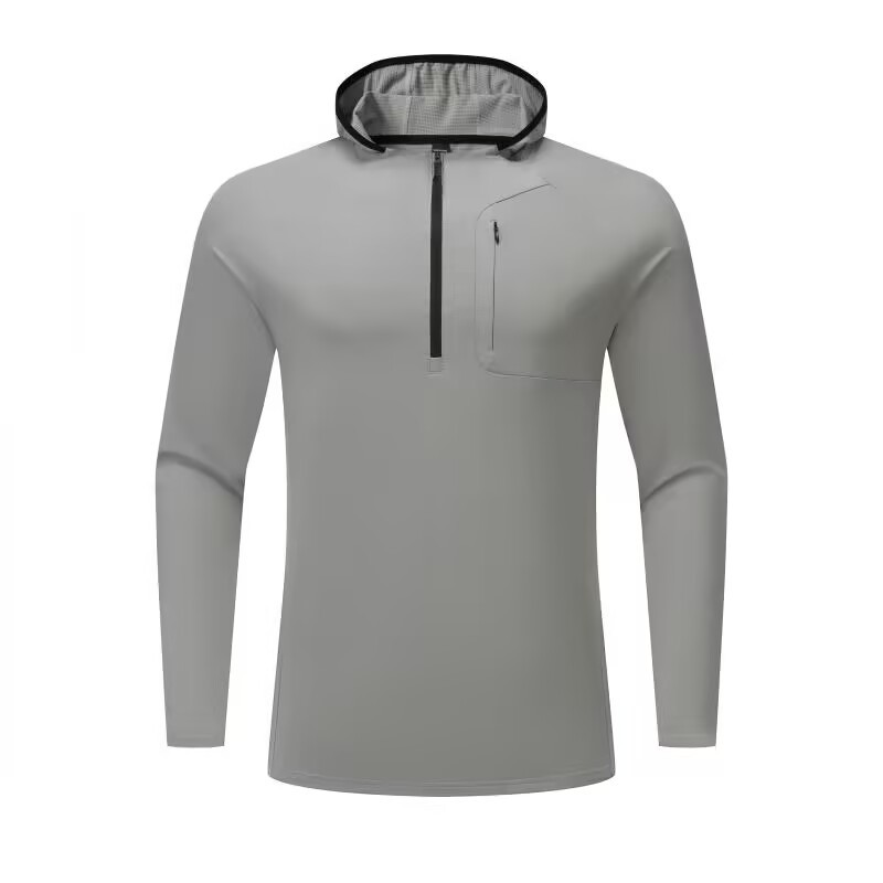 2026 Men's Hooded Running Fitness Top Half-Zip Long Sleeve Autumn and Winter Warm Plus Velvet Outdoor Sports Thin Velvet Top