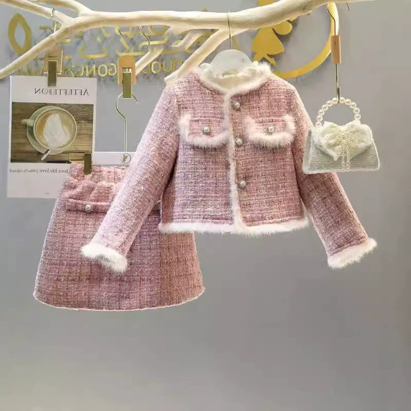 Зимний тёплый набор, пальто из шерсти, юбка для девочки, стиль Chanel