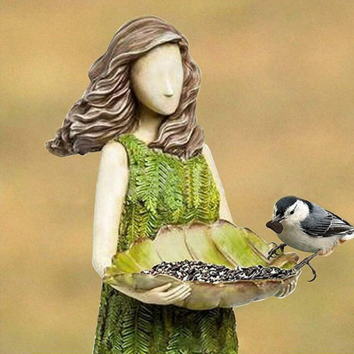 Fairy Forest Girl Bird Feeder Resin Crafts Outdoor Garden Statue Courtyard Lawn Decoration Resin Ornaments