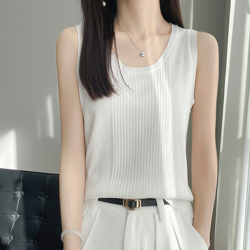 Spring and Summer New Ice Silk Knitted Camisole Women's Thin Slimming Look Inner Bottoming Shirt Stripesd Sleeveless T-Shirt Top Spring and Summer New Ice Silk Knitted Camisole Women's Thin Slimming Look Inner Bottoming Shirt Stripesd Sleeveless T-Shirt Top