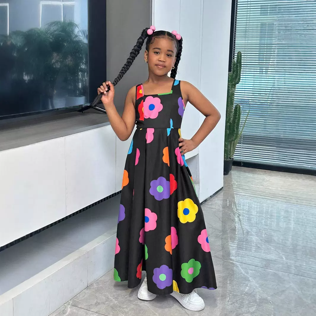 外贸童装休闲街别致的花卉印花意大利面条绑带连衣裙