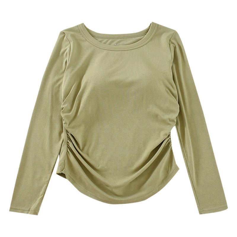 Autumn and Winter Women's Round Neck Long-sleeved Base Shirt with Chest Pad Shirt with Pleated Dovetail Hem Slim-fit Bra-free One-piece Top