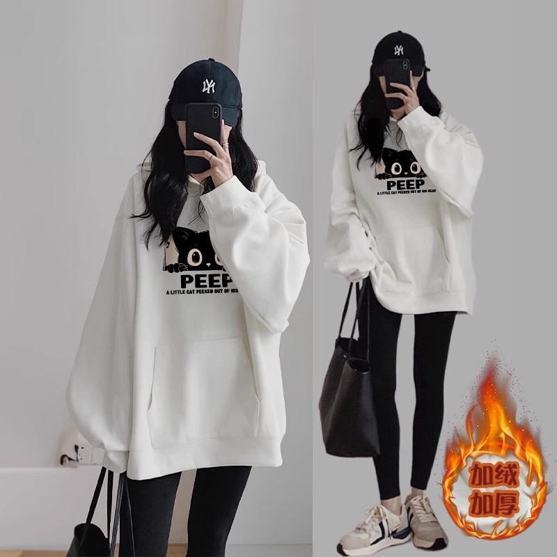 秋冬连帽宽松慵懒风帽衫美式重磅加绒加厚百搭休闲卡通卫衣外套女|undefined