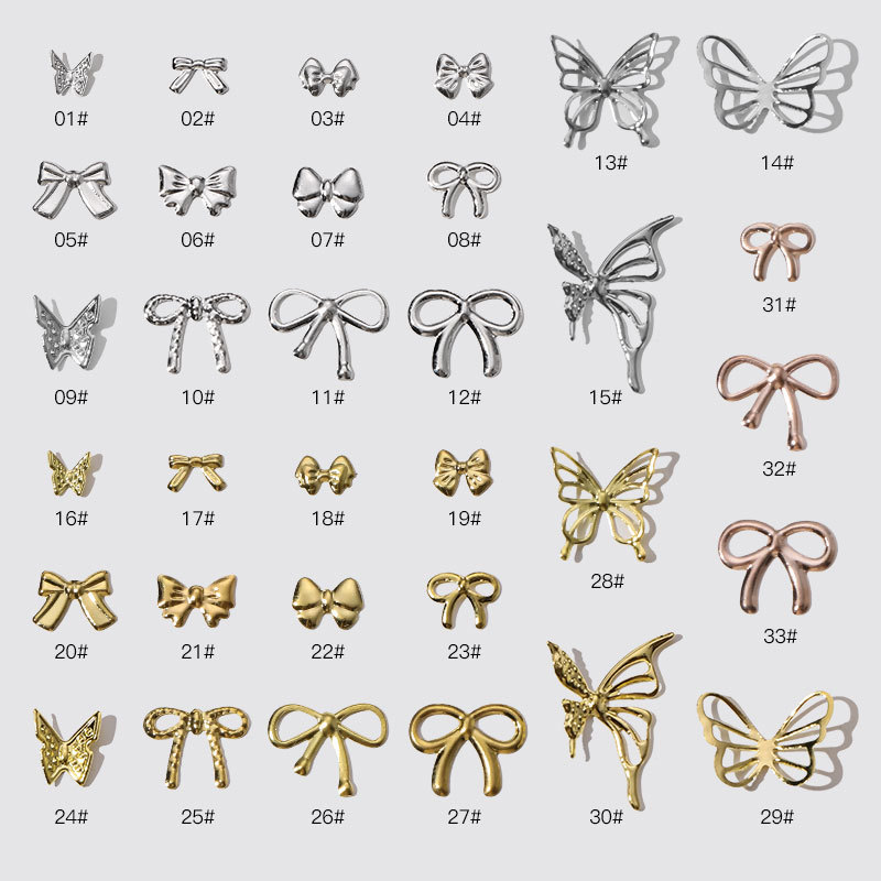 Alloy Bow Rivet Nail Art Accessories Internet Celebrity Light Luxury Gold and Silver Hollow Butterfly Three-Dimensional Nail Accessories Wholesale