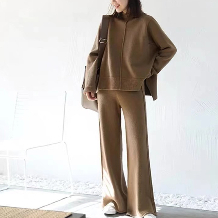 Casual fashion suit women's autumn and winter 2022 new retro foreign style split sweater knitted wide leg pants two-piece set