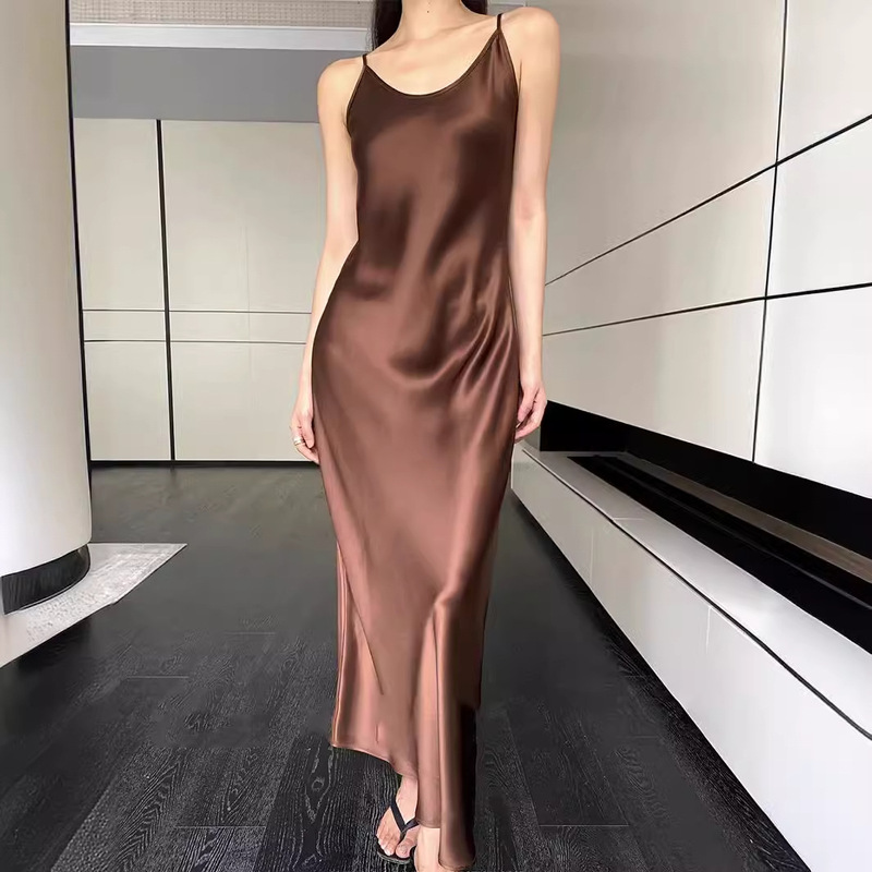 2026 Summer New French Style Large U-Neck Asymmetrical Cut Acetate Satin Strap Dress Women's Waist-Cinching Elegant Long Dress