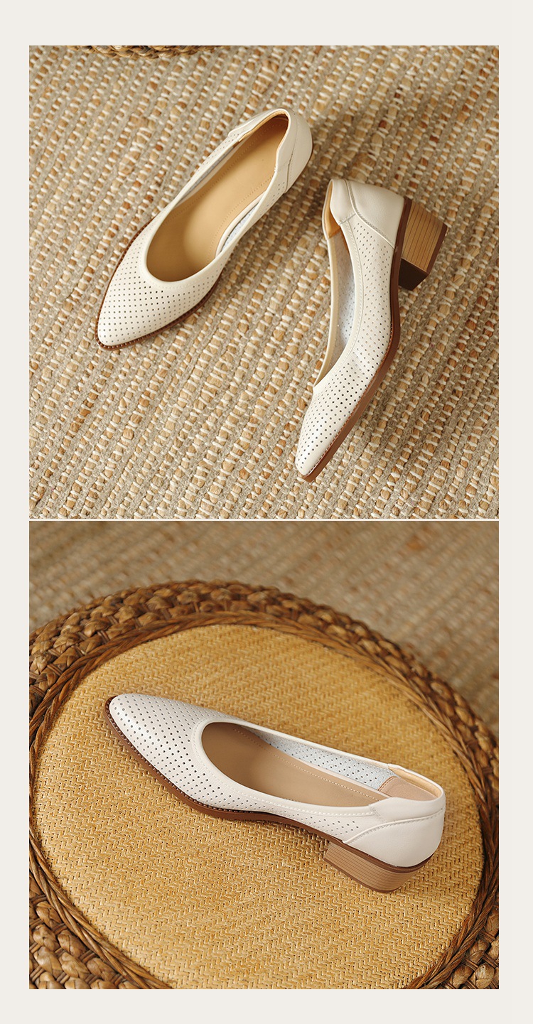 Sandal nữ da bò lỗ lưới miệng nông gót vừa — Màu trắng be chi tiết 13