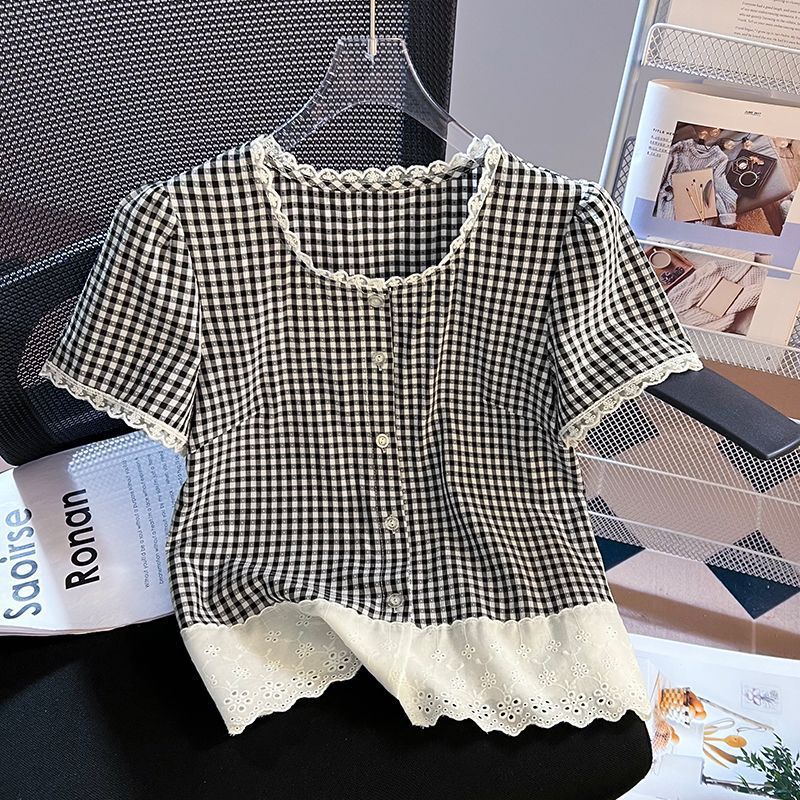 French Lace Splicing Plaid Puff Sleeve Shirt for Women 2026 Summer New Korean Style Round Neck Short-Sleeved Chic Top