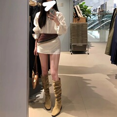 堆堆靴长筒靴子夏季薄款中筒复古卡其色尖头废土风西部长靴高筒靴