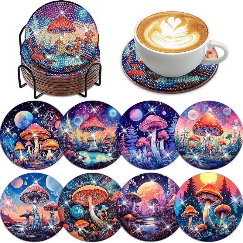 Ventas transfronterizas calientes de 8 piezas de conjunto de cojín de taza de arte de diamante, con soporte, pequeño conjunto de pintura de diamante, adecuado para adultos