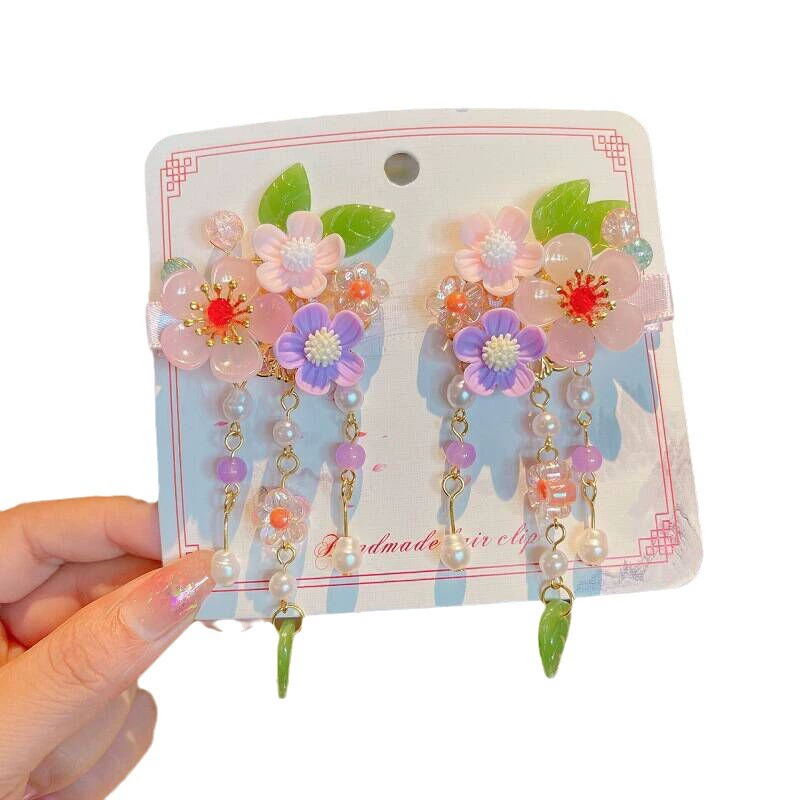Children's hair accessory, hairgrip with tassels, Hanfu, flowered