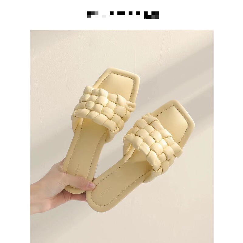 [Wang Xiaodu] Spot Cotton Candy-Square Head Woven Slippers Women's Summer Wear Flat Slippers Women's Summer