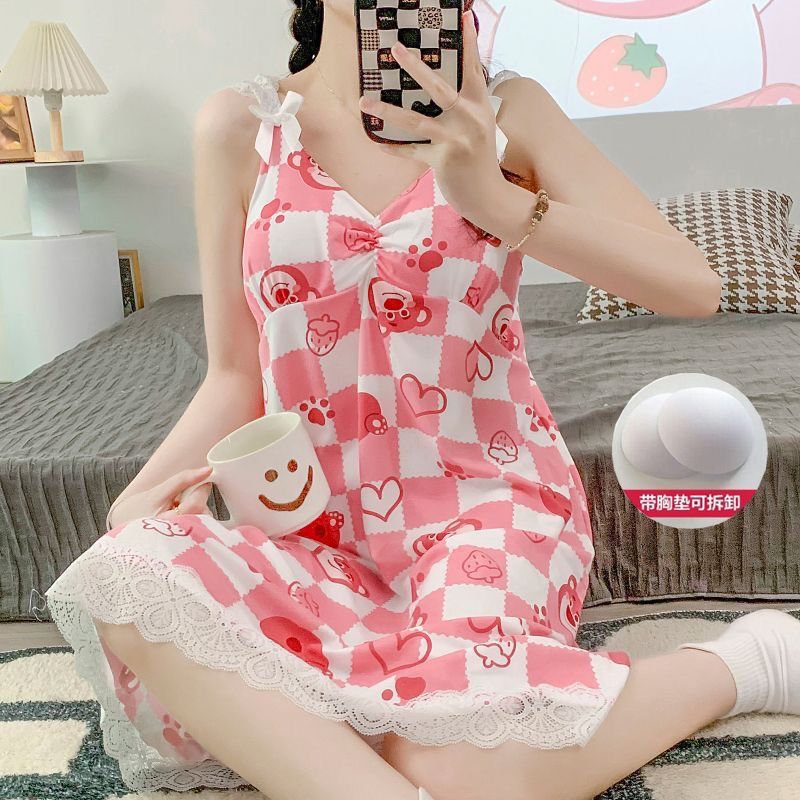 Pijamas al por mayor transfronterizos para mujer de encaje de verano con almohadilla para el pecho para mujer vestido de honda suelto simple para mujer camisón