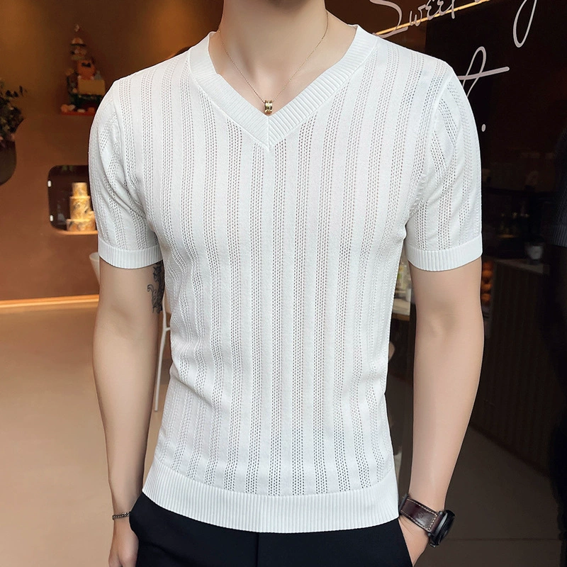 Мужская дышащая трикотажная футболка с V-образным вырезом и короткими рукавами, летняя тонкая нижняя рубашка, топ с коротким рукавом из ледяного шелка, модная футболка