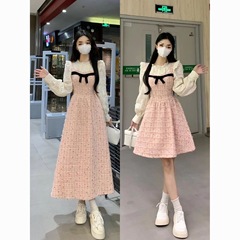 大きいサイズの婦人服のフランス式の小さい香風の偽の2つのつなぎ合わせのワンピースの秋冬の復古の宮廷の風は腹を隠して肉の長いスカートを隠します。