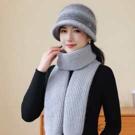 冬季毛线帽子女士中老年人围巾套装奶奶妈妈针织兔毛防寒保暖老人