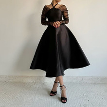 欧美优雅名媛风小黑裙2025秋冬新款挂脖网纱透视设计荷叶边连衣裙