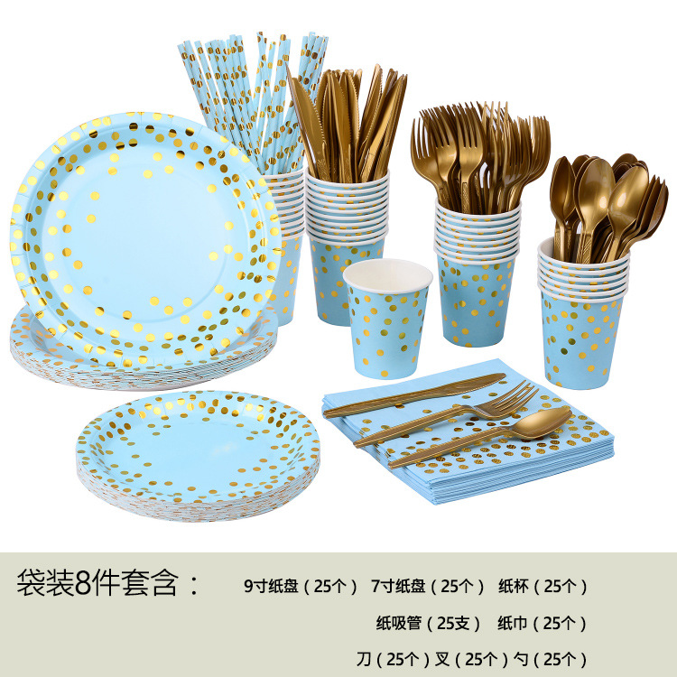 8 piezas fondo azul dorado Polka Dot bolsa conjunto
