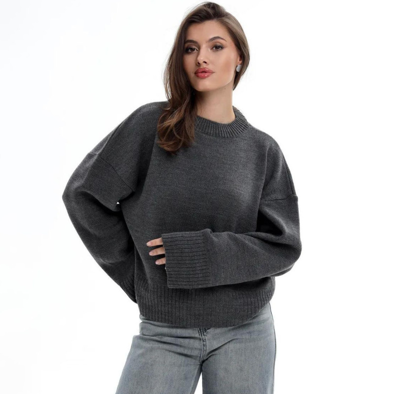 European and American Style Knitted Knitwear Winter New Sweet Round Neck Pullover Loose Pure Color Long-Sleeved Versatile Knitted Knitwear for Women