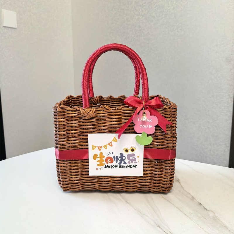 Plastic Woven Vegetable Basket Handbag Gift Packaging Handbag Gift Basket Women's Imitation Rattan Basket Bath Basket