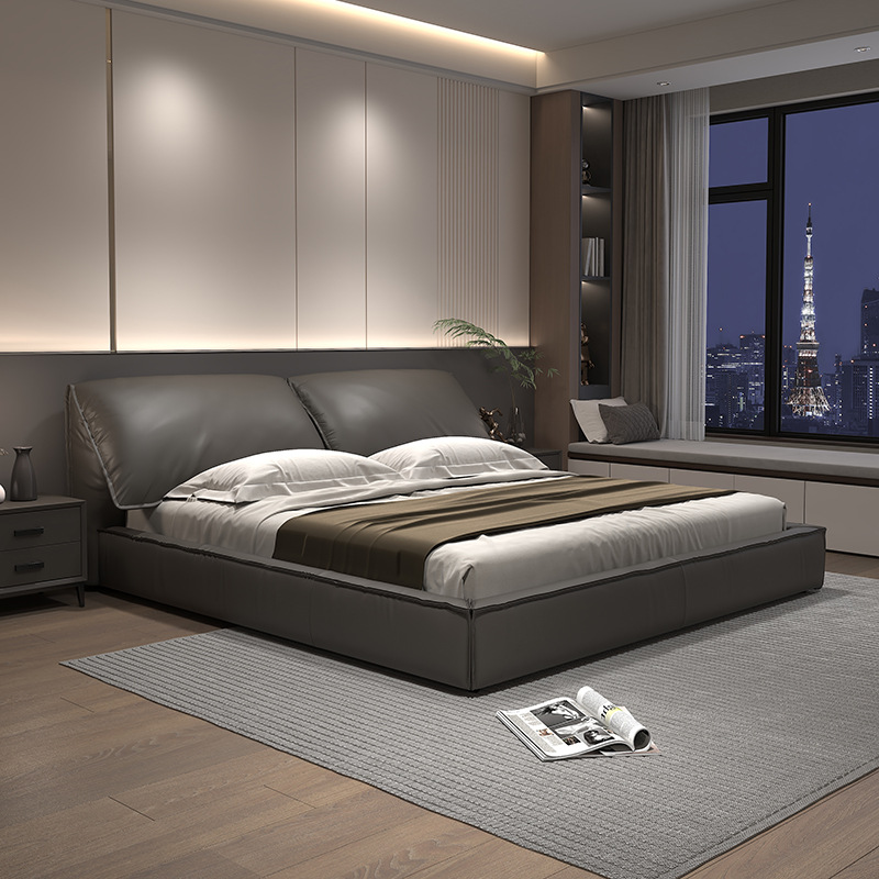 Cama flotante minimalista nórdica de 1.5 metros con almacenamiento, cajón de presión de aire, caja alta de 1.8 metros, capa superior de cuero artístico, cama suave de piel de vaca