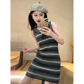 纯欲甜辣风拼色条纹针织吊带背心连衣裙女夏修身显瘦辣妹包臀短裙