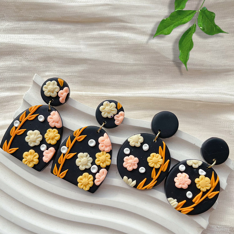 Cross-border Explosive Earrings Handmade Polymer Clay Black Soft Pottery Flower Earrings Women's Earrings Bohemian Style