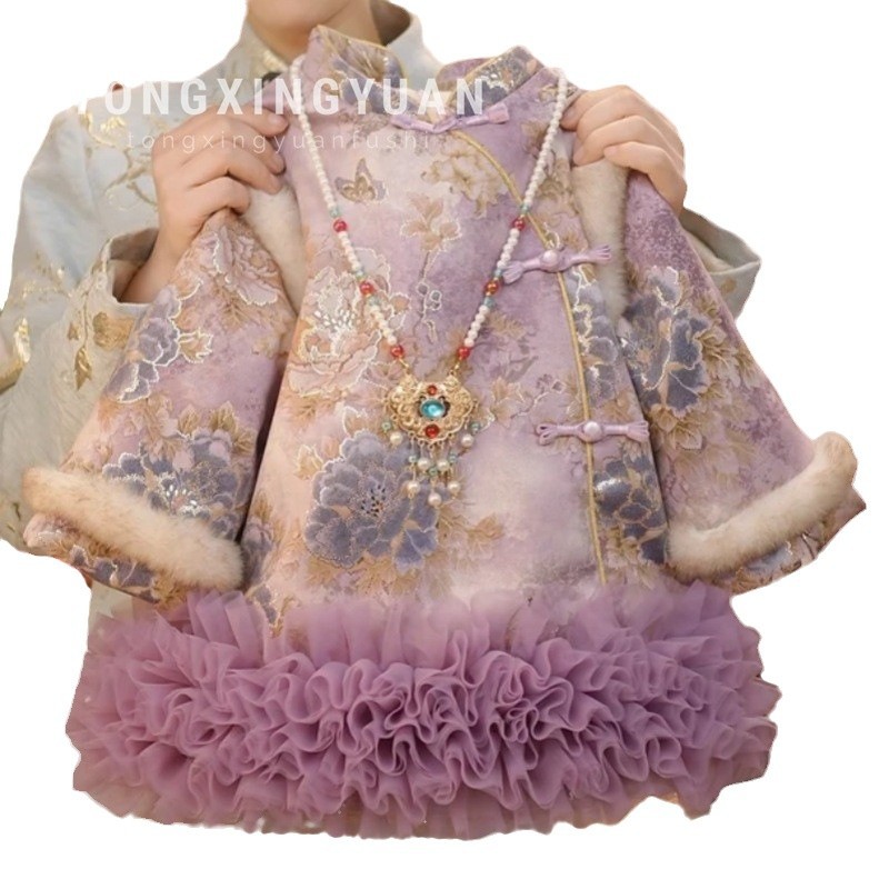 [Ropa morada] Chica redonda estrella infantil invierno más vestido cheongsam acolchado de terciopelo para niños vestido de un año nuevo estilo chino image 6