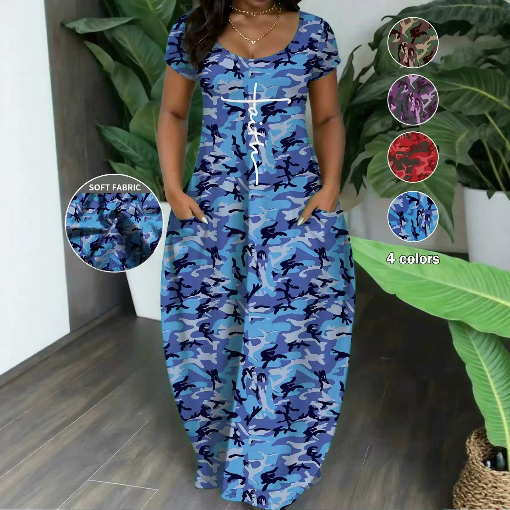 2026 European and American export spring/summer new camouflage print plus size dress, round neck, short sleeve, comfortable casual jumpsuit