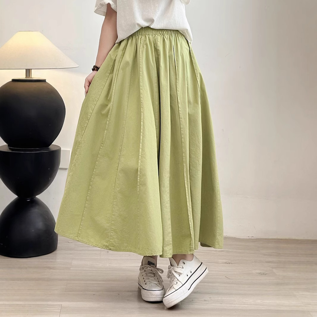 2025 New Summer Style Pure Cotton Splicing Pleated Large Umbrella Skirt Literary Elegant Pure Color Elastic Waist Women's Skirt