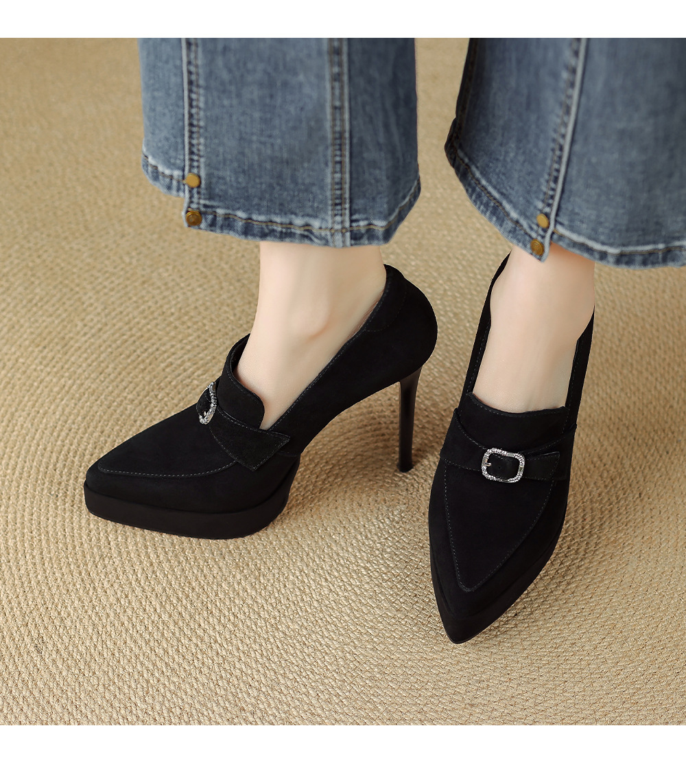Giày cao gót nữ mũi nhọn gót siêu cao 12 cm đế dày da thật — Đen mờ, Da đen chi tiết 11