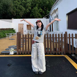 水洗大口袋工装裤女款褶皱美式复古伞兵裤子vibe宽松阔腿休闲长裤