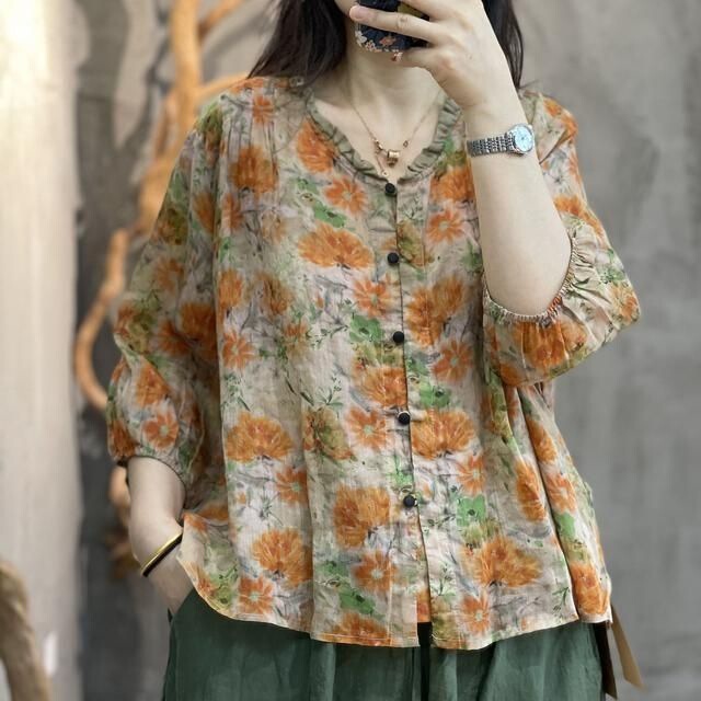 Summer Women's Wear Cotton Linen Shirt with Wood-ear Edge Casual V-neck Top Women's Shirt Lightweight Breathable Loose Printed T-shirt for Women Summer Women's Wear Cotton Linen Shirt with Wood-ear Edge Casual V-neck Top Women's Shirt Lightweight Breathable Loose Printed T-shirt for Women