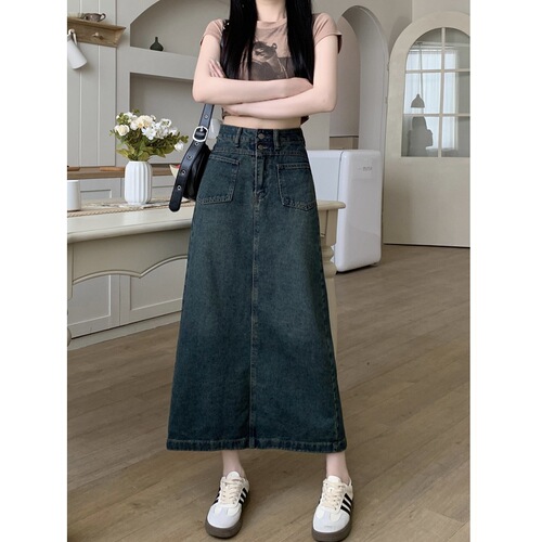 Plus Size Retro Slit Denim A-Line High-Waist Hip-Hiding Skirt for Pear-Shaped Figures - 2025 New Arrival Medium-Length Dress