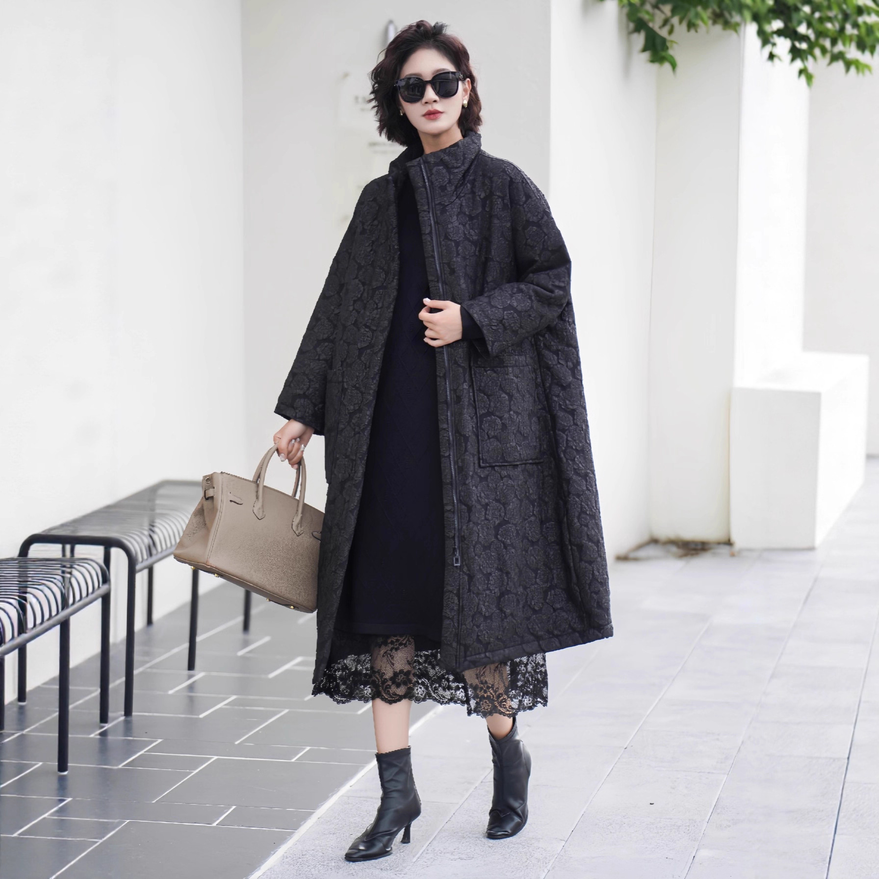 大码色织提花长棉衣女秋冬夹棉大衣高端气质收腰系带过膝显瘦外套