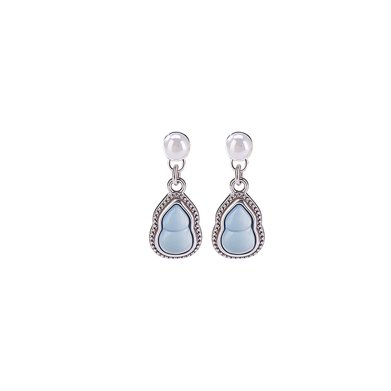 Bông tai bạc S925 đính đá aquamarine và ngọc trai hình hồ lô phong cách tối giản — Một đôi