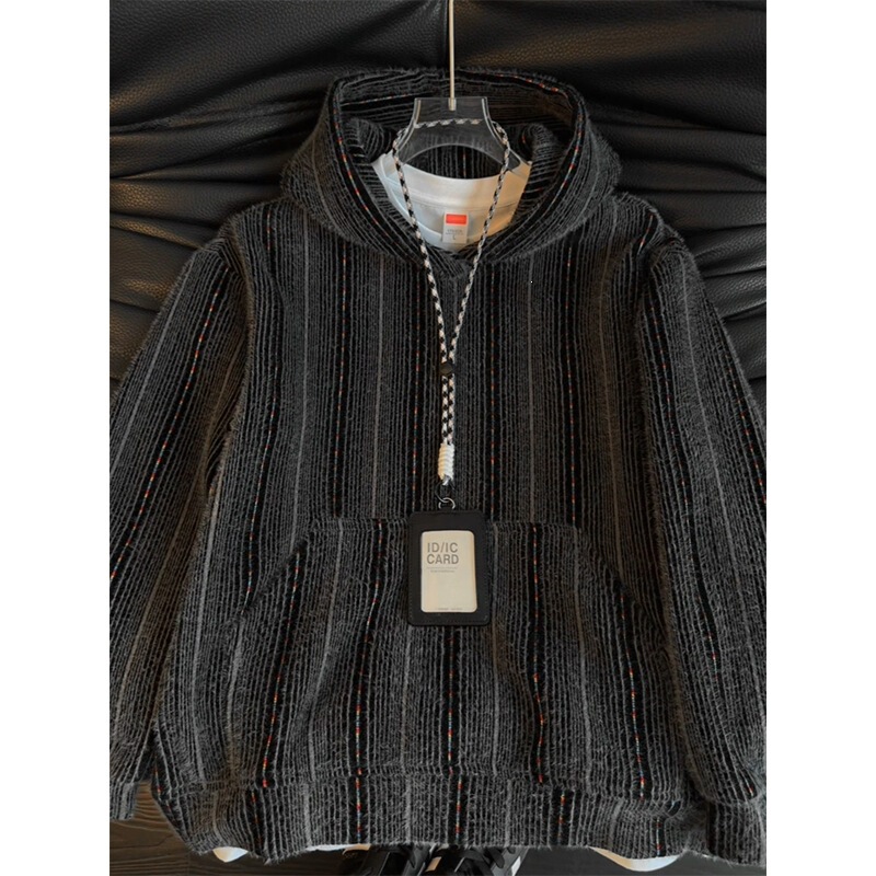 Dark gray vertical striped hooded sweatshirt for men, featuring colorful drawstrings, a textured design, and a loose, oversized fit