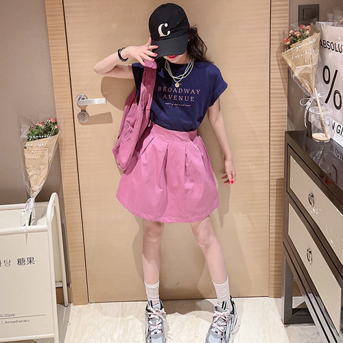 Summer 2024 Girls Short Skirt Set New Medium and Large Children Cotton Letter T-Shirt Trendy Casual Loose Two-piece Set