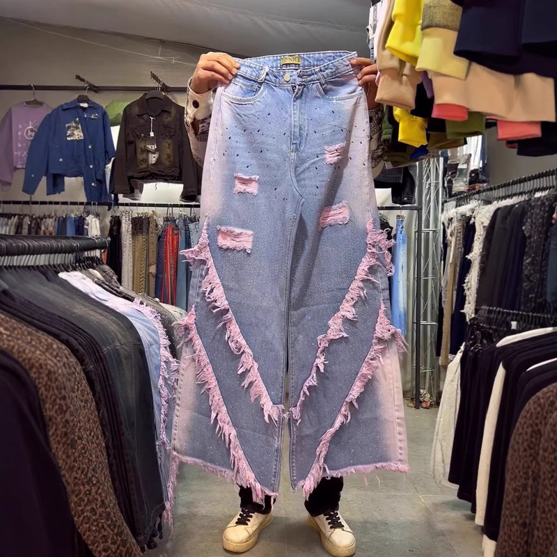 Women's Rhinestone Sequin Jeans, Wide-Leg Straight Jeans, Wholesale Supply