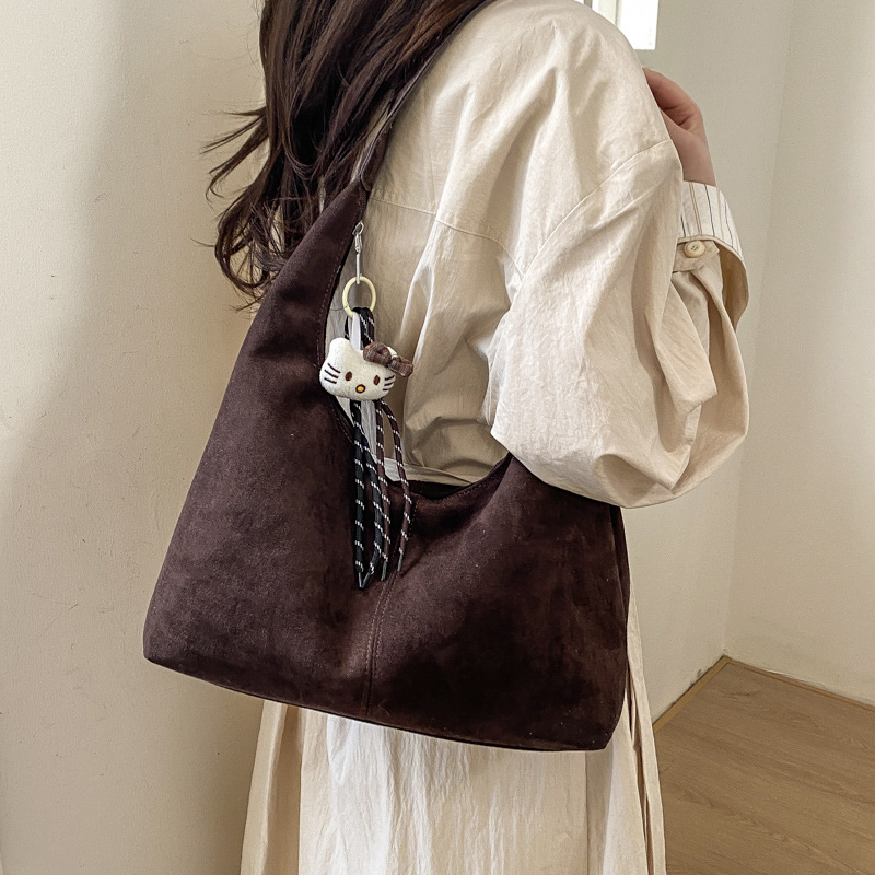 Korean Style Niche Retro Faux Suede Bucket Bag For Women 2026 Spring New Large Capacity Fashion Shoulder Underarm Bag - Thumbnail 3