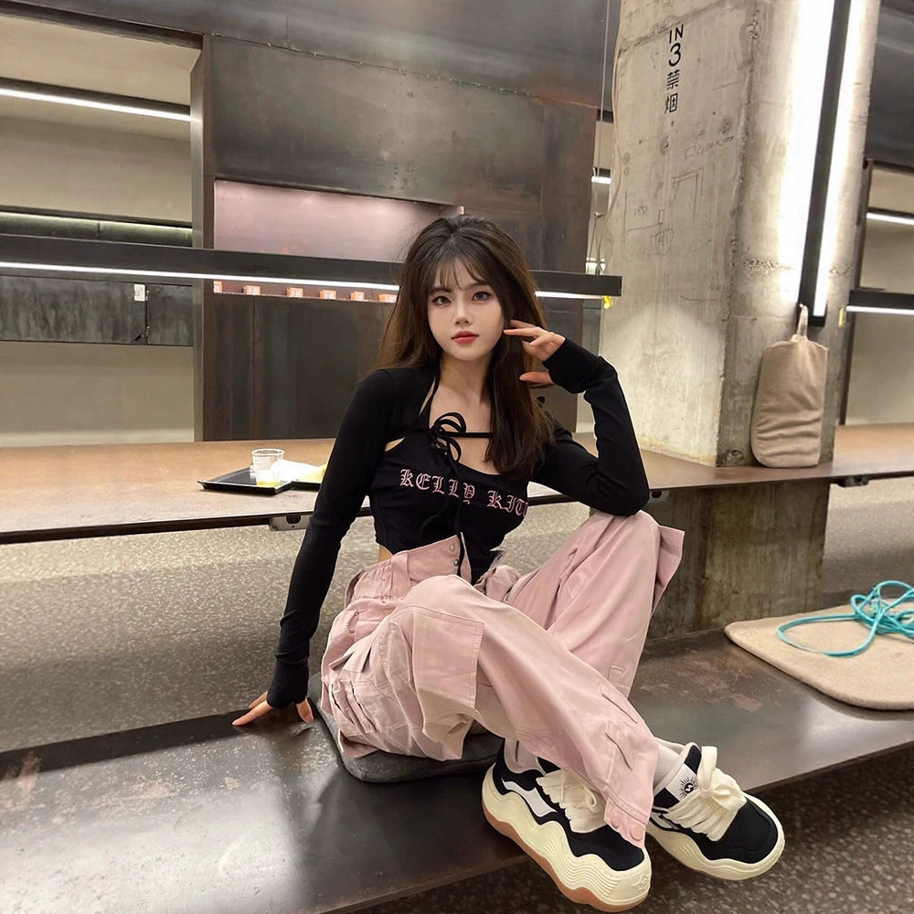 Розовые брюки-карго для женщин, летние новые модные брендовые оригинальные прямые повседневные широкие брюки с нерегулярными карманами