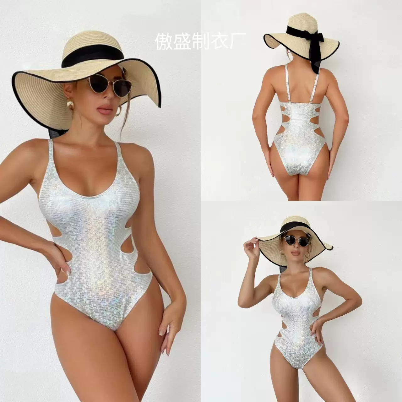 欧美跨境2023新款女士连体比基尼烫金面料紧身连体镂空外贸泳衣女