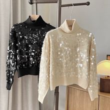 英国单!洋气亮片短款高领宽松落肩袖针织衫上衣