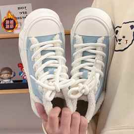 秋冬季高帮帆布鞋女学生鞋2025年新款百搭加绒加厚保暖二棉鞋板鞋