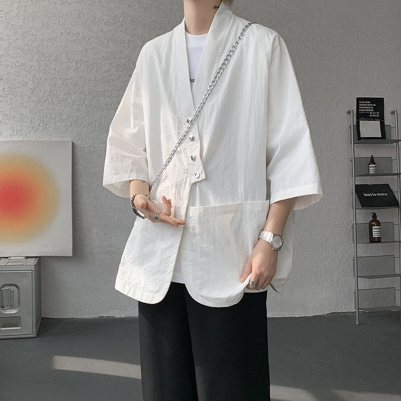 Zen-Style Diagonal Button New Chinese Short-Sleeve Men's Summer Linen Three-Quarter Sleeve Shirt, National Style Cardigan Robe for Lay Practitioners